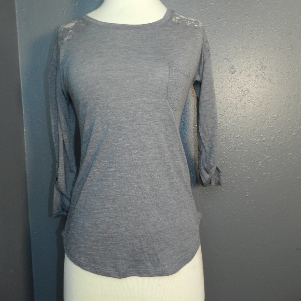 Paper + Tea Womens Grey Mid Sleeve Fitted Floral Lace Light Weight Shirt Size S